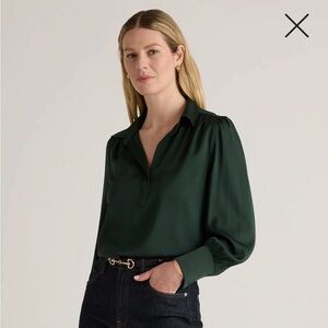 Washable Stretch Silk Split Neck Blouse- Forest Green Size Small